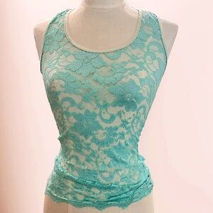 Y2K Sheer Lace Teal Sleeveless Top with Baby Blue Satin Piping, Small Stretchy